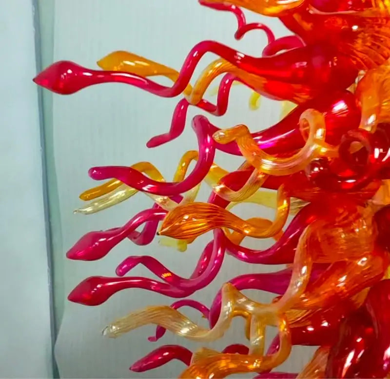 Sun Flare Red Amber and Violet Blown Glass Chandelier Chihuly-Style artistic sculptural Pendant Light