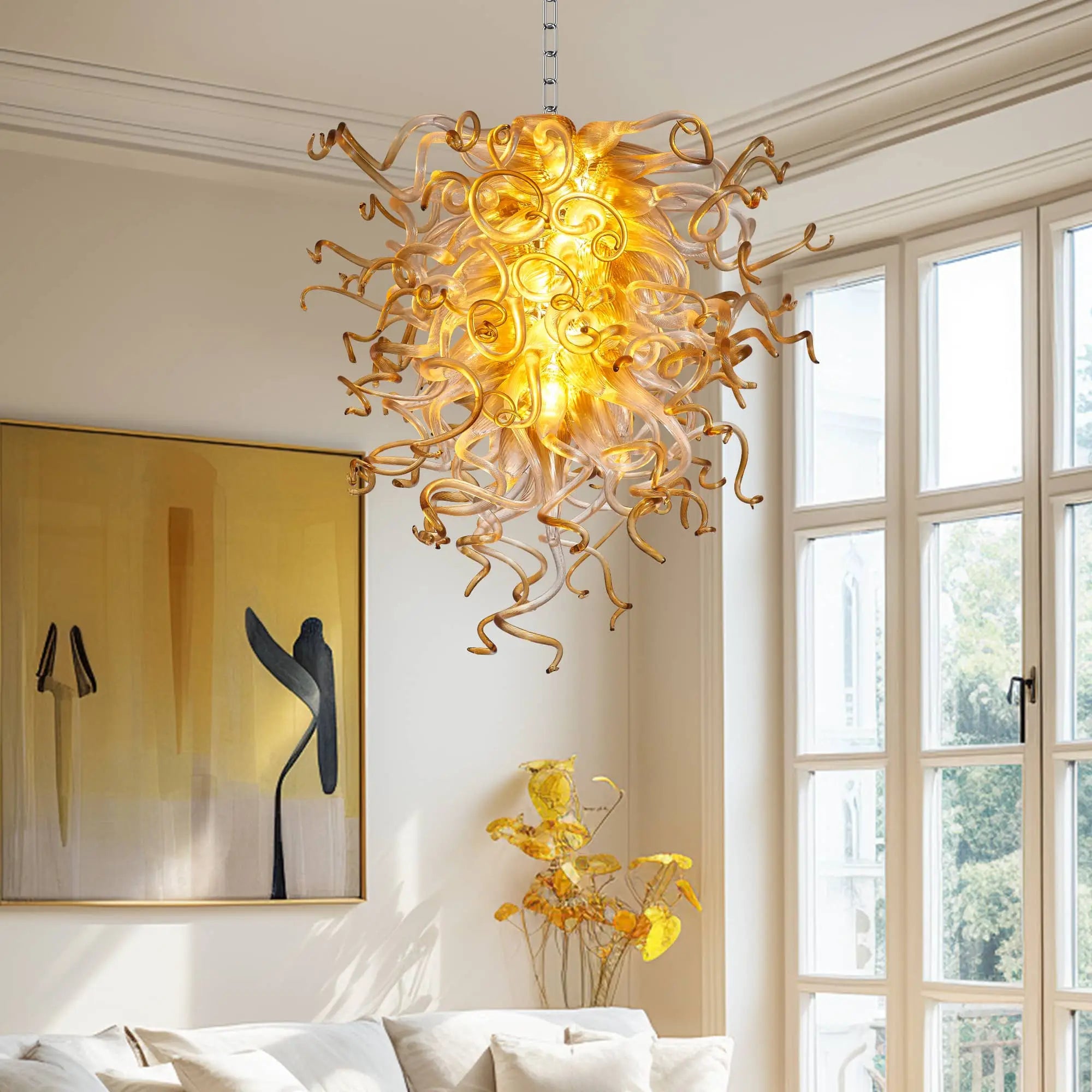 Modern Blown Glass Sculpture Chandelier Clear Glass with Amber Tip Luxury Glaze Artwork Pendant Light