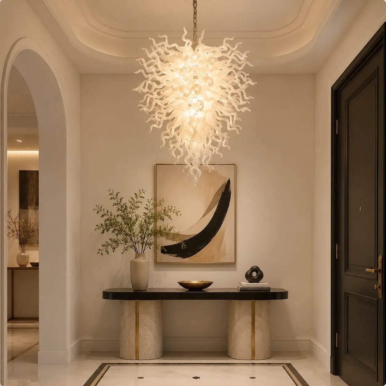 White Hand-Blown Glass Chandelier Modern Sculptural Art Pendant Light for Living Room Dining Foyer Staircase