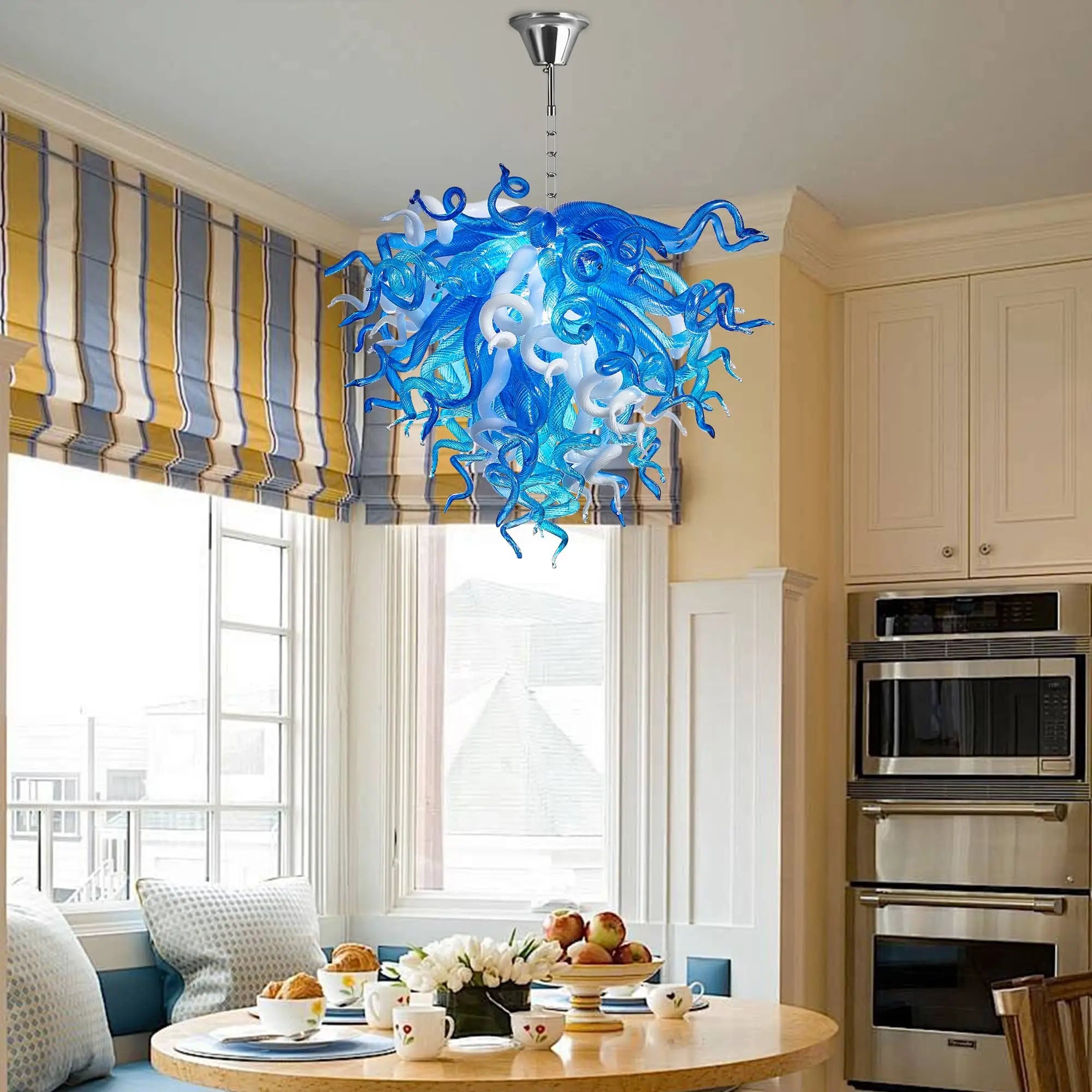 Blue and White Hand-Blown Glass Chandelier Modern Sculptural Liuli Artwork Pendant Light for Living Room Dining Room