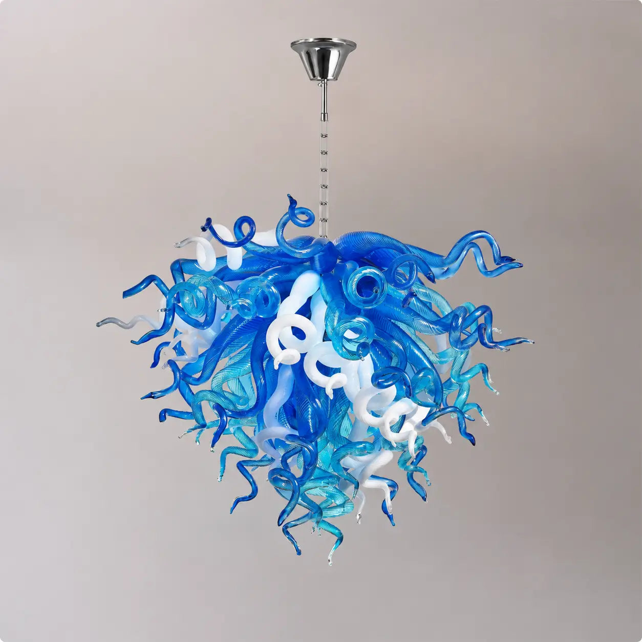 Blue and White Hand-Blown Glass Chandelier Modern Sculptural Liuli Artwork Pendant Light for Living Room Dining Room
