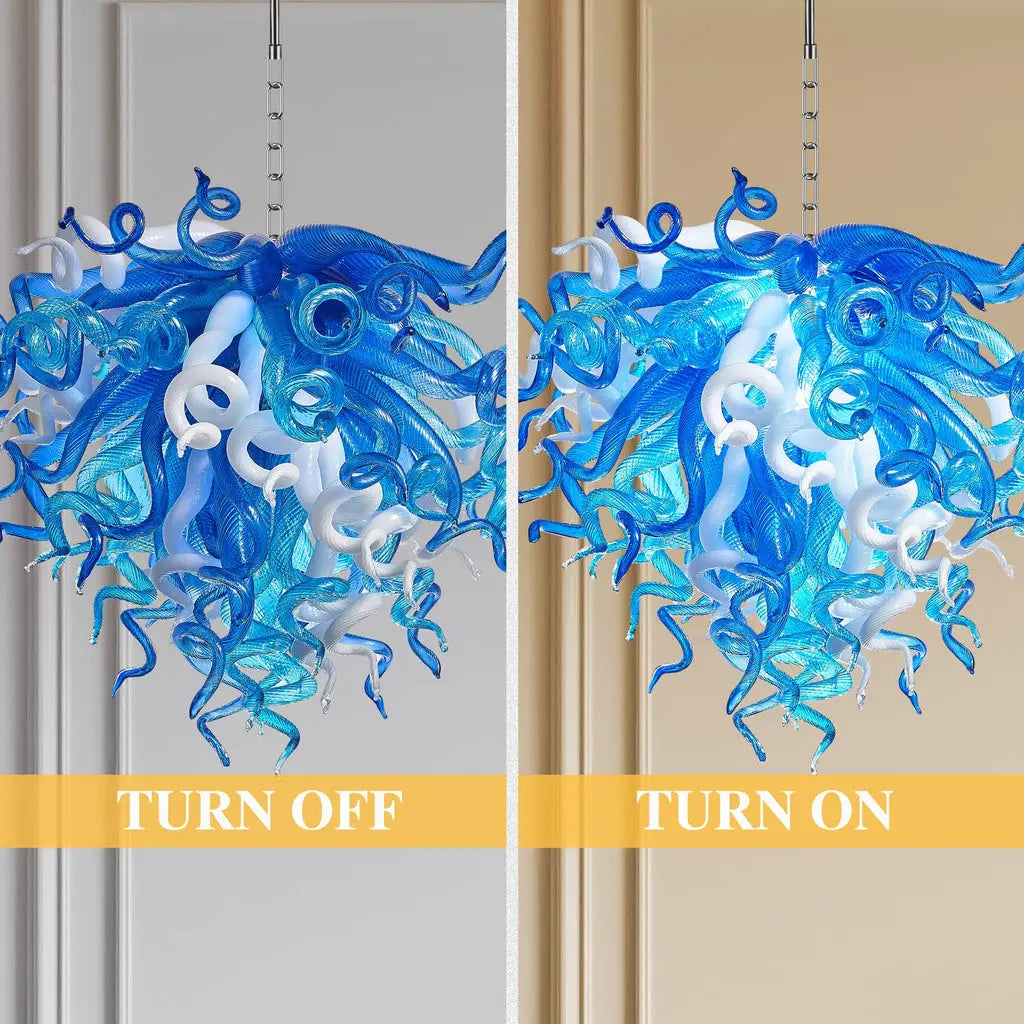 Blue and White Hand-Blown Glass Chandelier Modern Sculptural Liuli Artwork Pendant Light for Living Room Dining Room