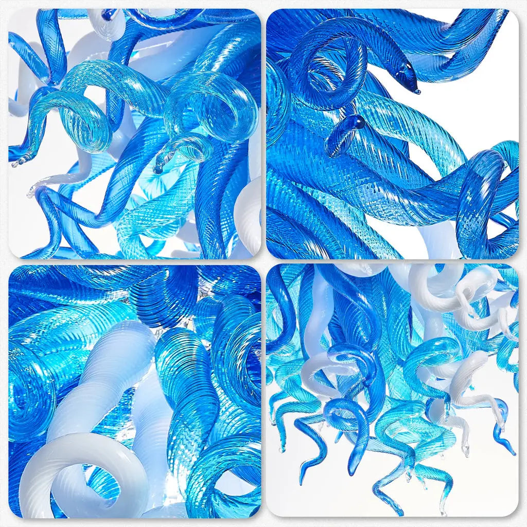 Blue and White Hand-Blown Glass Chandelier Modern Sculptural Liuli Artwork Pendant Light for Living Room Dining Room