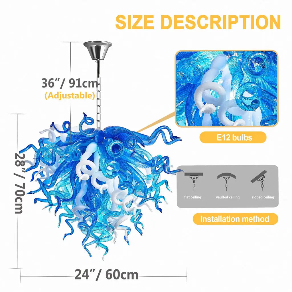 Blue and White Hand-Blown Glass Chandelier Modern Sculptural Liuli Artwork Pendant Light for Living Room Dining Room
