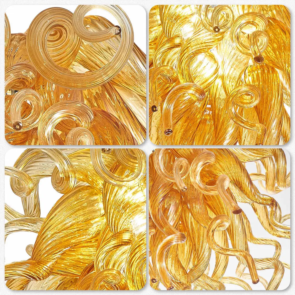 Amber Gold Hand-Blown Glass Chandelier Artistic Liuli Pendant Light Luxury Sculptural Twisted Hanging Lamp Fixture
