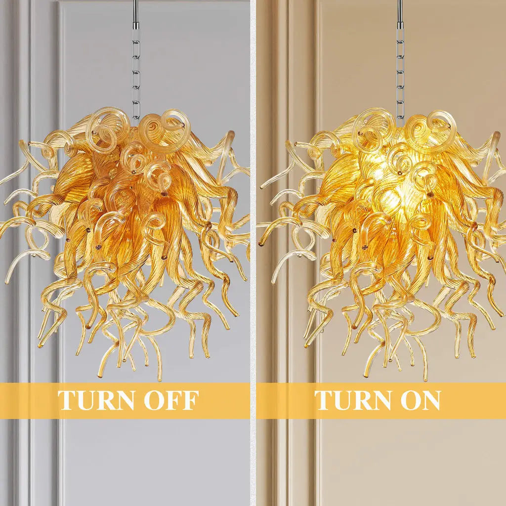 Amber Gold Hand-Blown Glass Chandelier Artistic Liuli Pendant Light Luxury Sculptural Twisted Hanging Lamp Fixture