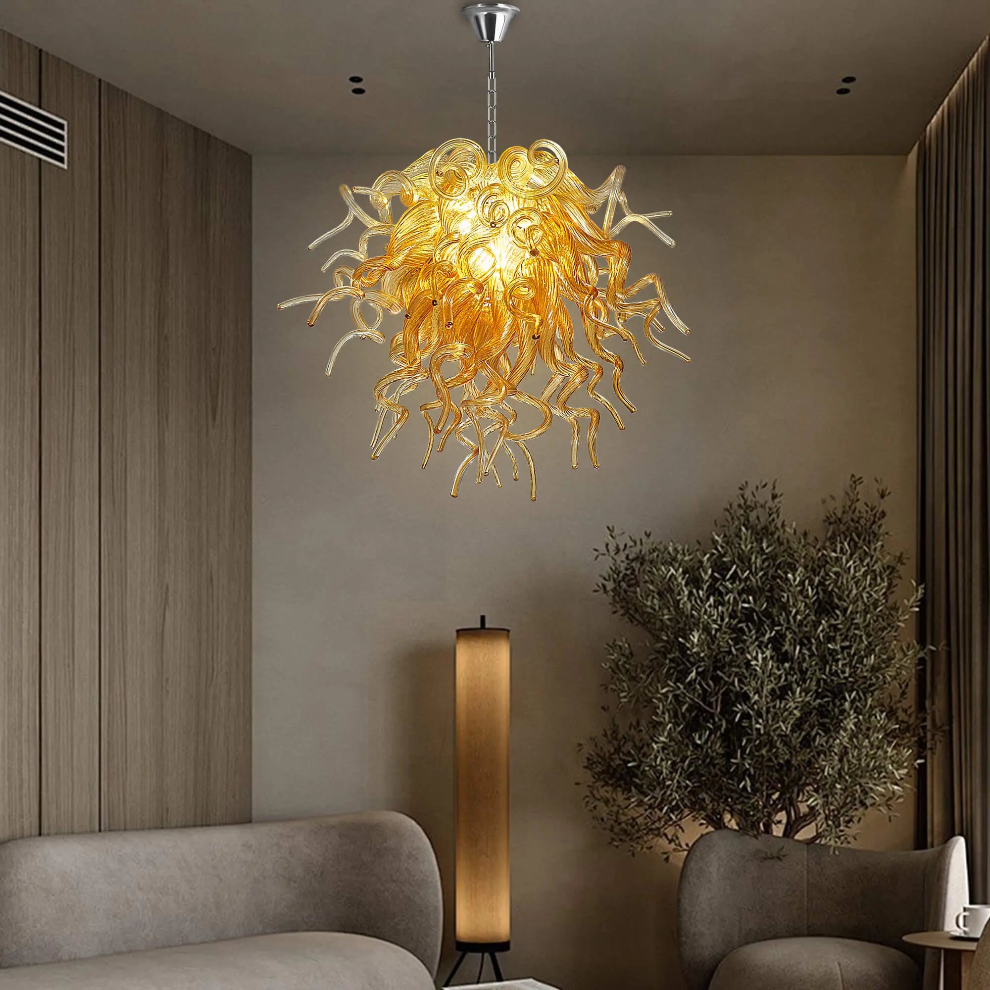 Amber Gold Hand-Blown Glass Chandelier Artistic Liuli Pendant Light Luxury Sculptural Twisted Hanging Lamp Fixture