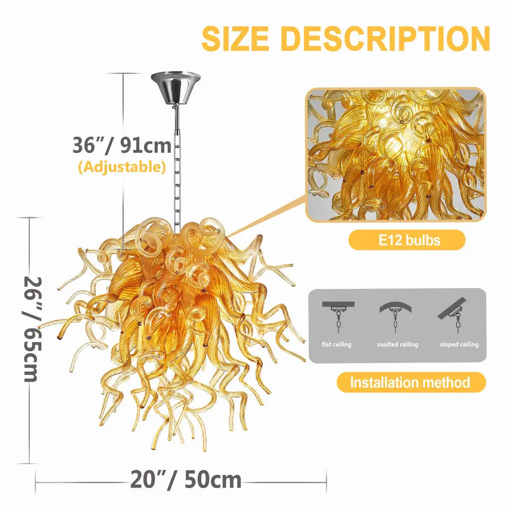 Amber Gold Hand-Blown Glass Chandelier Artistic Liuli Pendant Light Luxury Sculptural Twisted Hanging Lamp Fixture