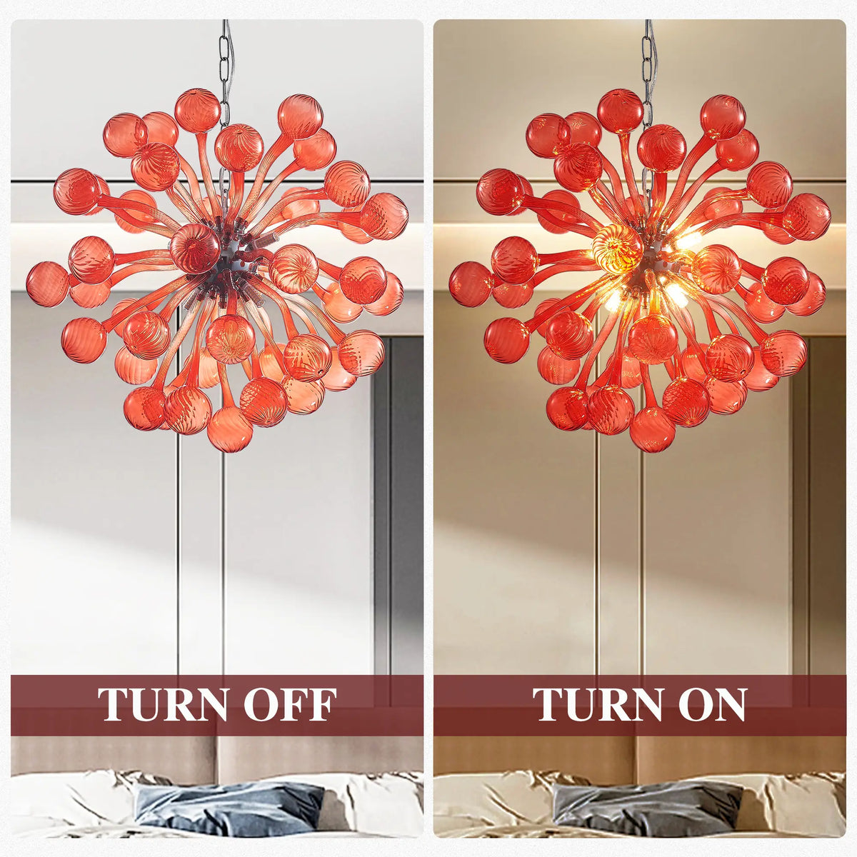 Red Sputnik Starburst Hand-Blown Glass Chandelier Modern Sculptural Pendant Light with Artistic Glass Orbs
