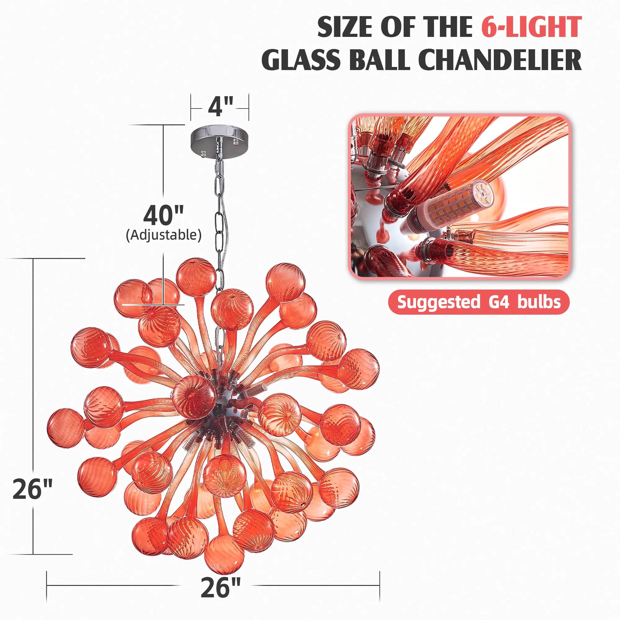 Red Sputnik Starburst Hand-Blown Glass Chandelier Modern Sculptural Pendant Light with Artistic Glass Orbs