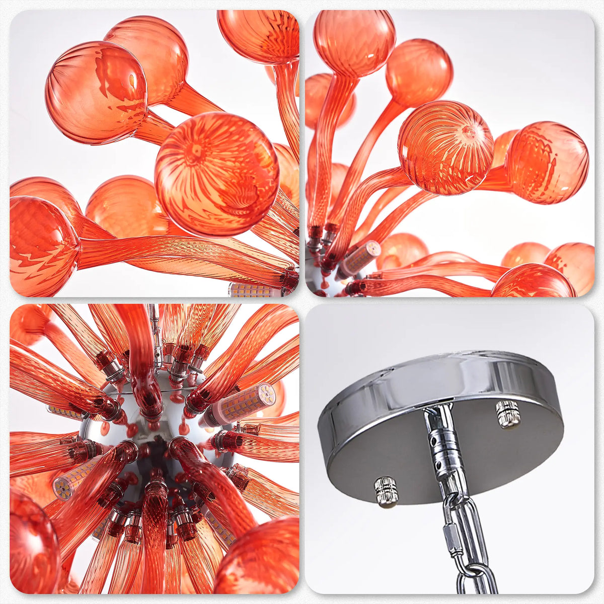 Red Sputnik Starburst Hand-Blown Glass Chandelier Modern Sculptural Pendant Light with Artistic Glass Orbs