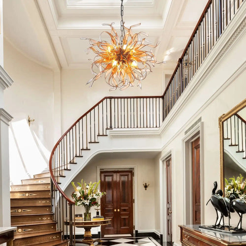 Hand Blown Amber Glass Chandelier Starburst Organic Glass Sculpture Pendant Light