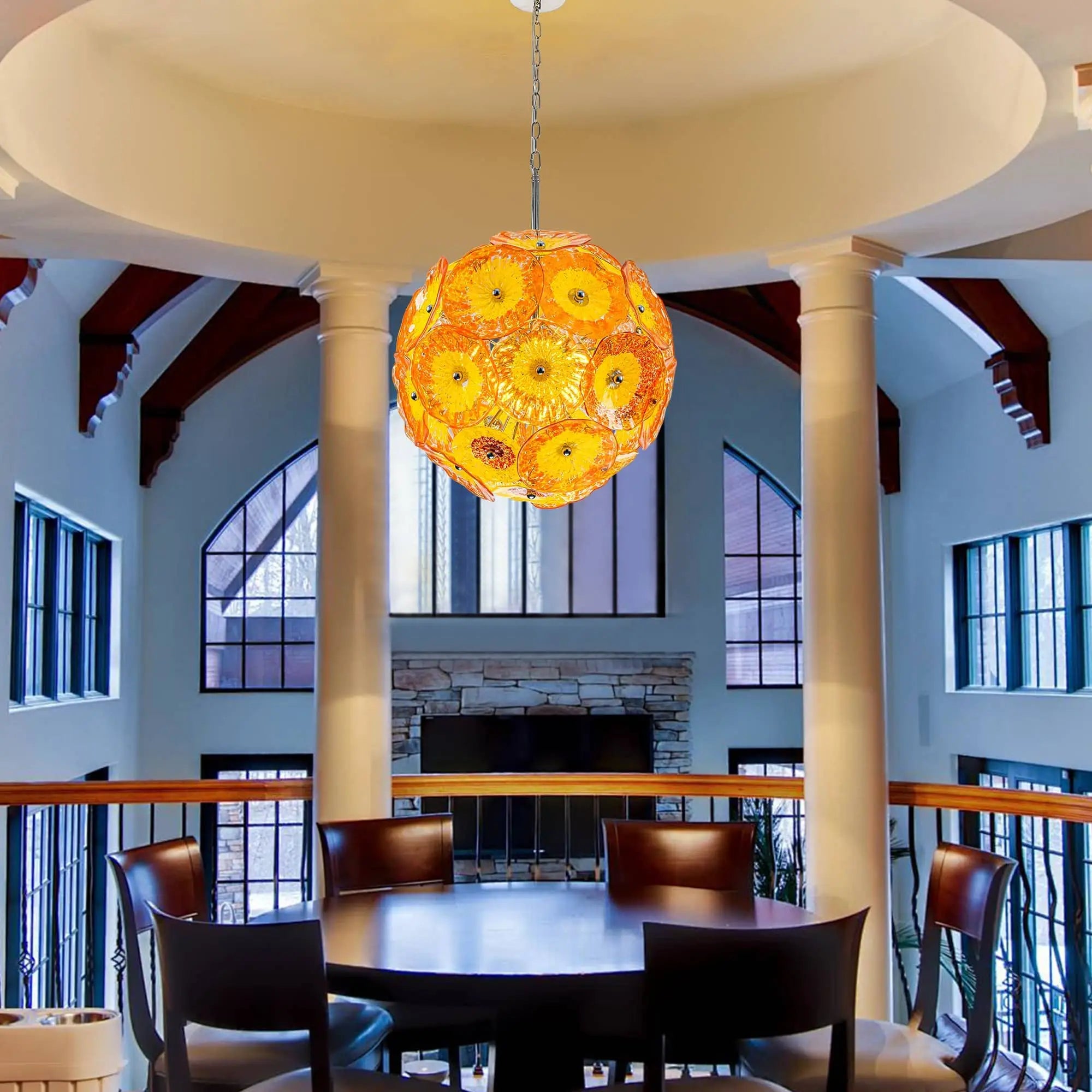 Round Murano Style Blown Glass Plate Chandelier Yellow Orange Flower Glass Disc Art Pendant Light