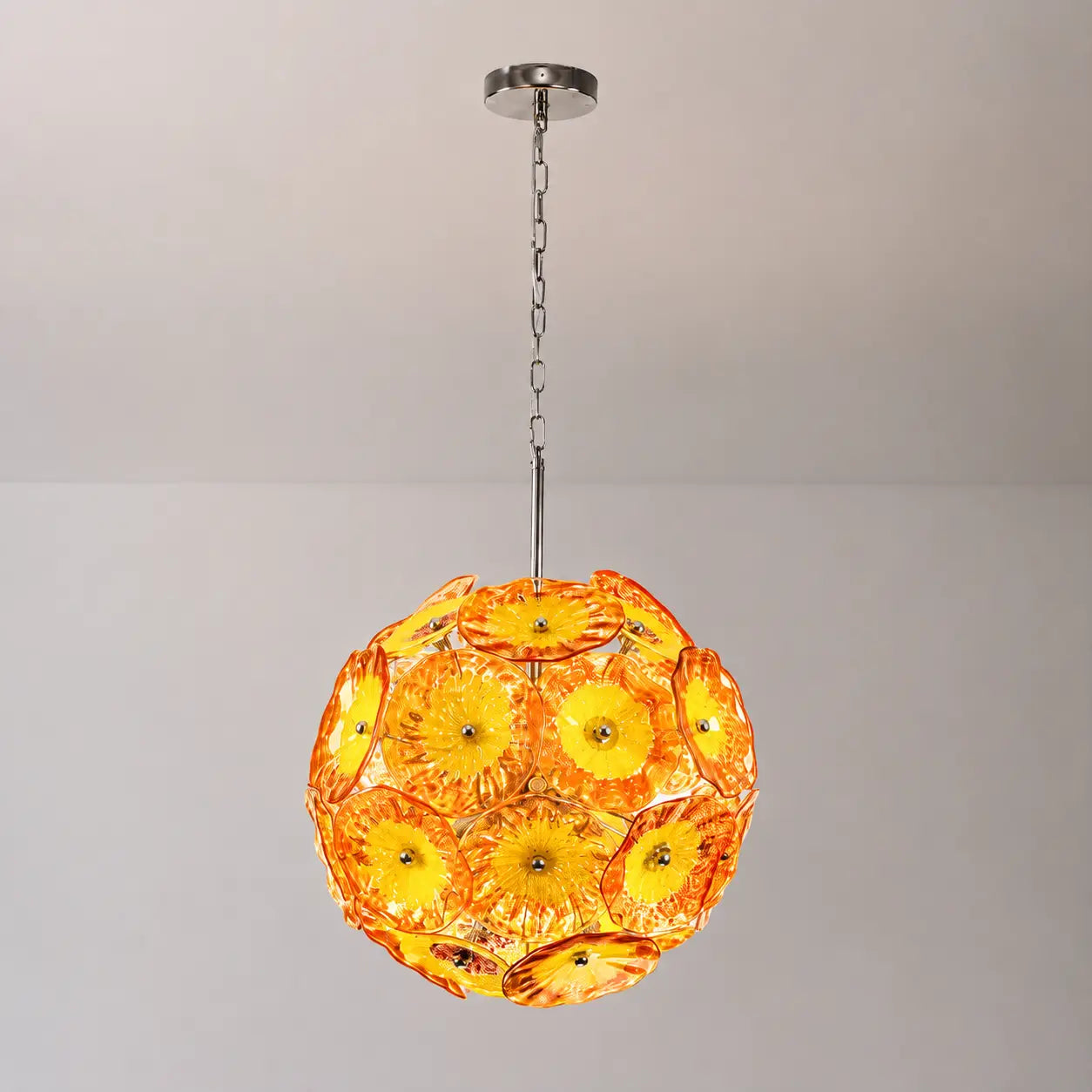 Round Murano Style Blown Glass Plate Chandelier Yellow Orange Flower Glass Disc Art Pendant Light