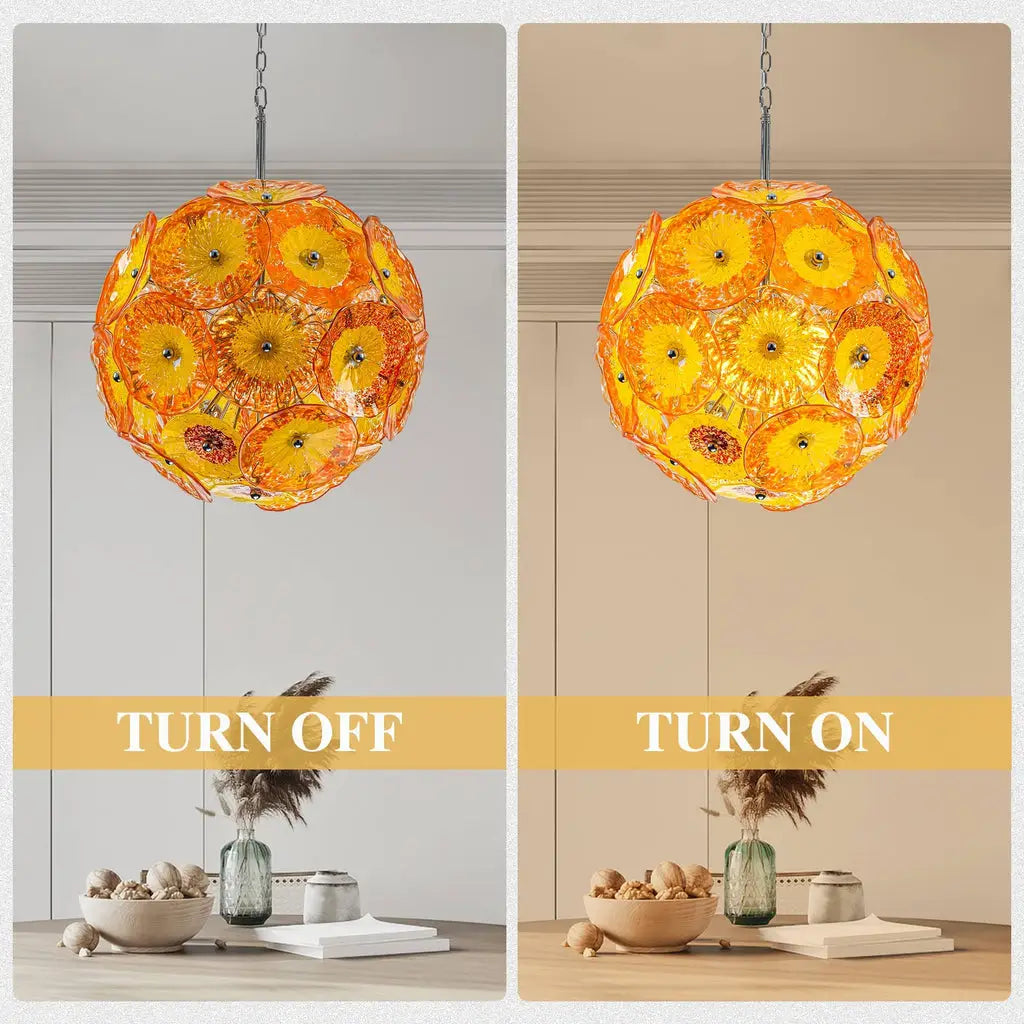 Round Murano Style Blown Glass Plate Chandelier Yellow Orange Flower Glass Disc Art Pendant Light