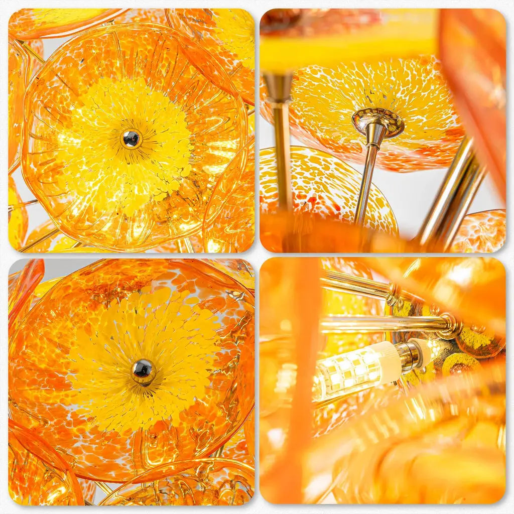 Round Murano Style Blown Glass Plate Chandelier Yellow Orange Flower Glass Disc Art Pendant Light