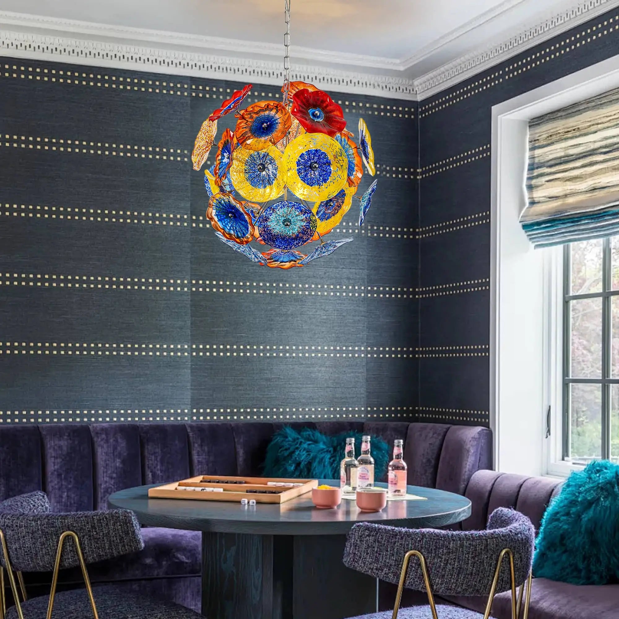 Colorful Blown Glass Plates Chandelier Modern Round Murano Style Glass Disc Art Pendant Light