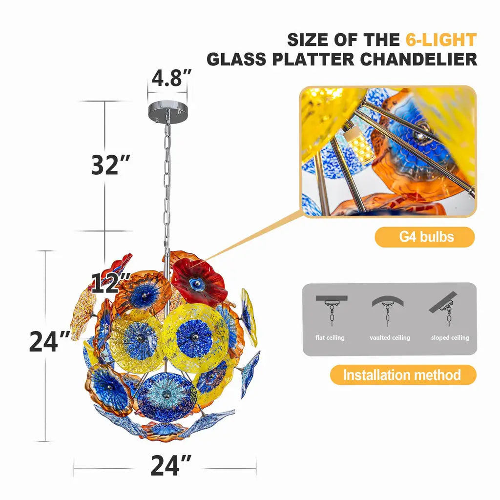 Colorful Blown Glass Plates Chandelier Modern Round Murano Style Glass Disc Art Pendant Light