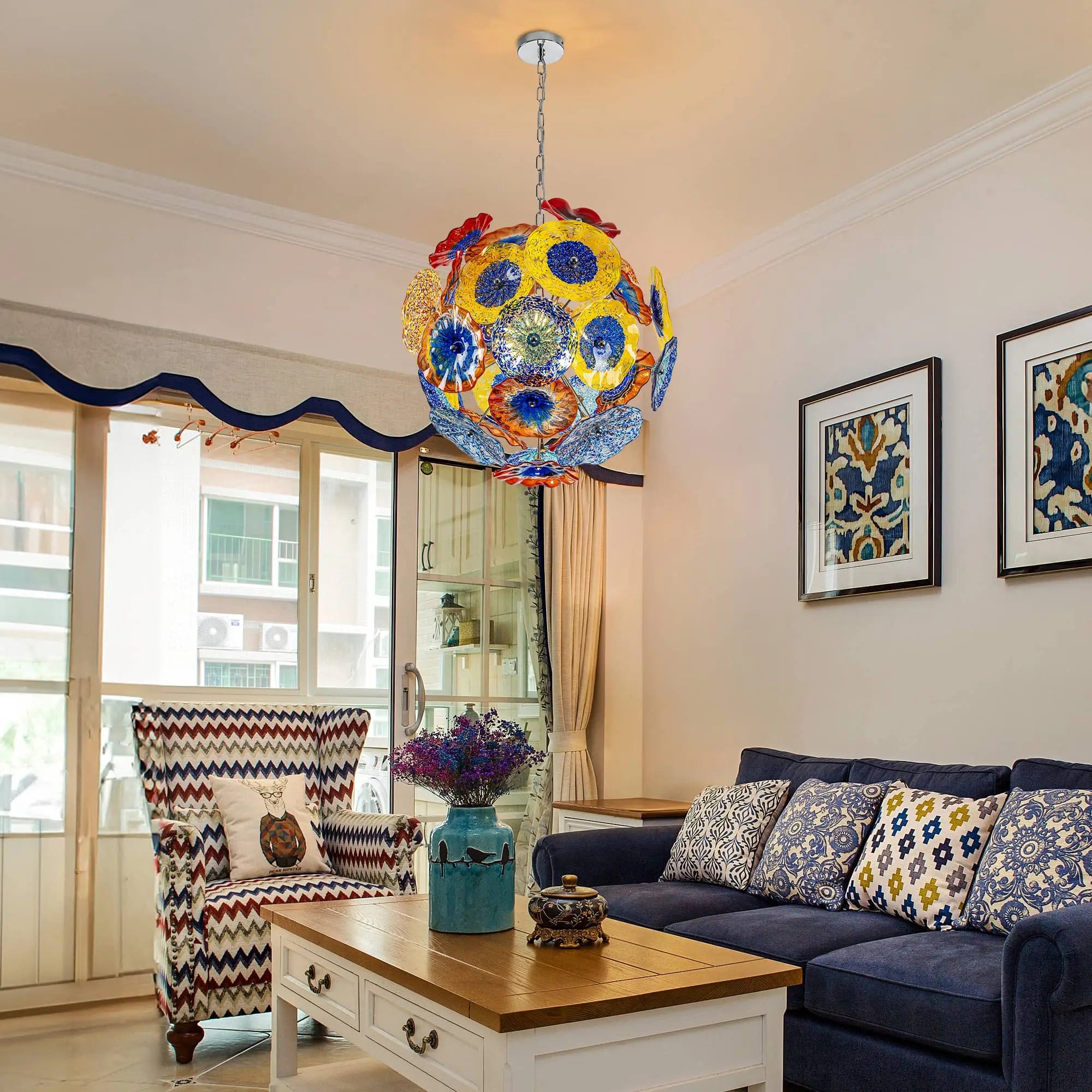 Colorful Blown Glass Plates Chandelier Modern Round Murano Style Glass Disc Art Pendant Light
