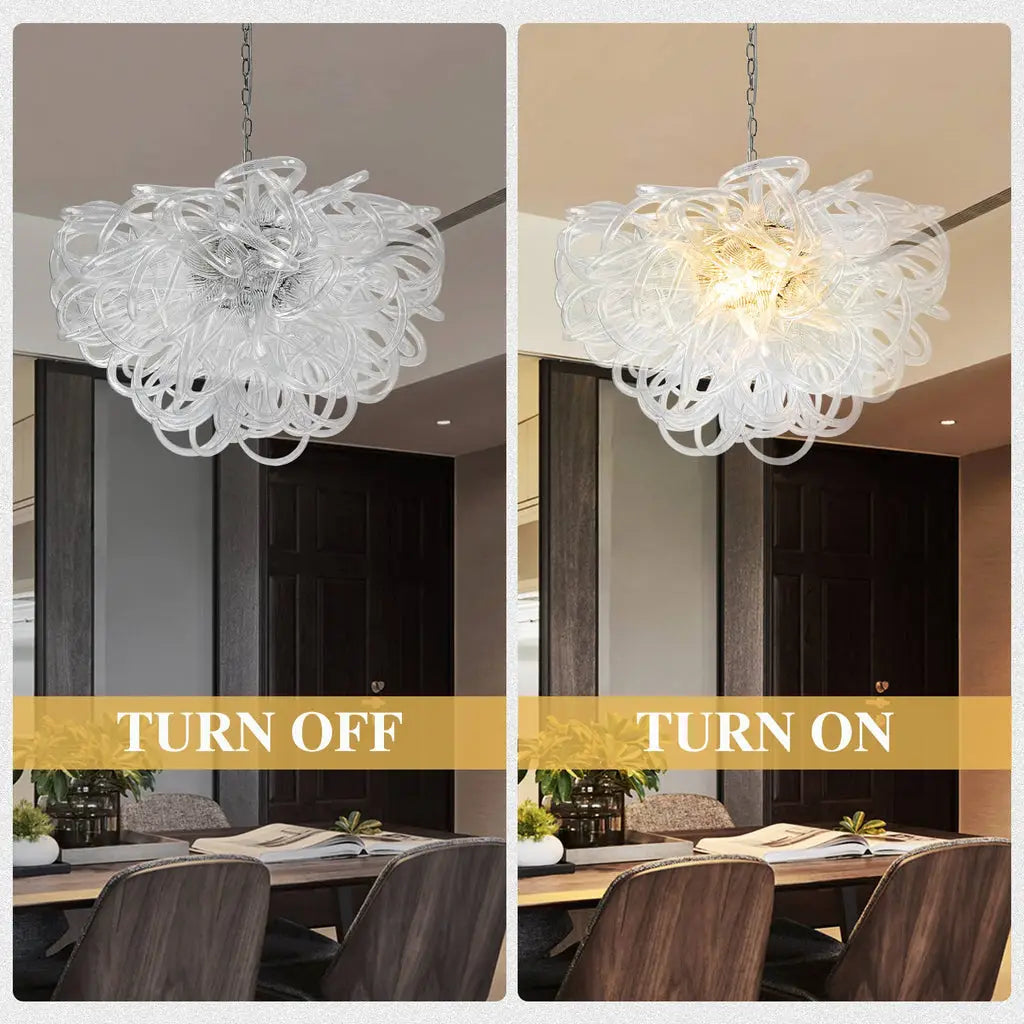 Modern Luxury Clear Blown Glass Lasso Style Chandelier Art Sculptural Pendant Light