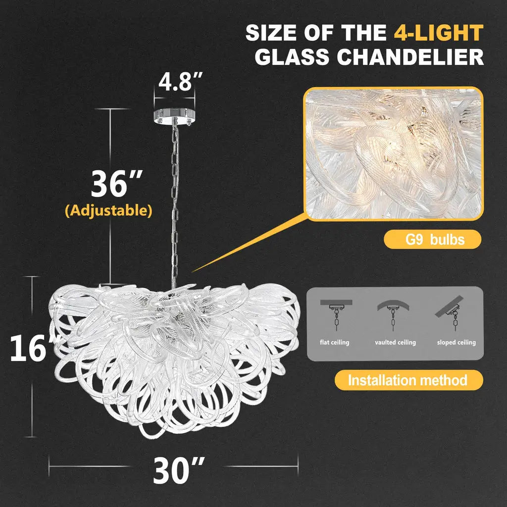 Modern Luxury Clear Blown Glass Lasso Style Chandelier Art Sculptural Pendant Light