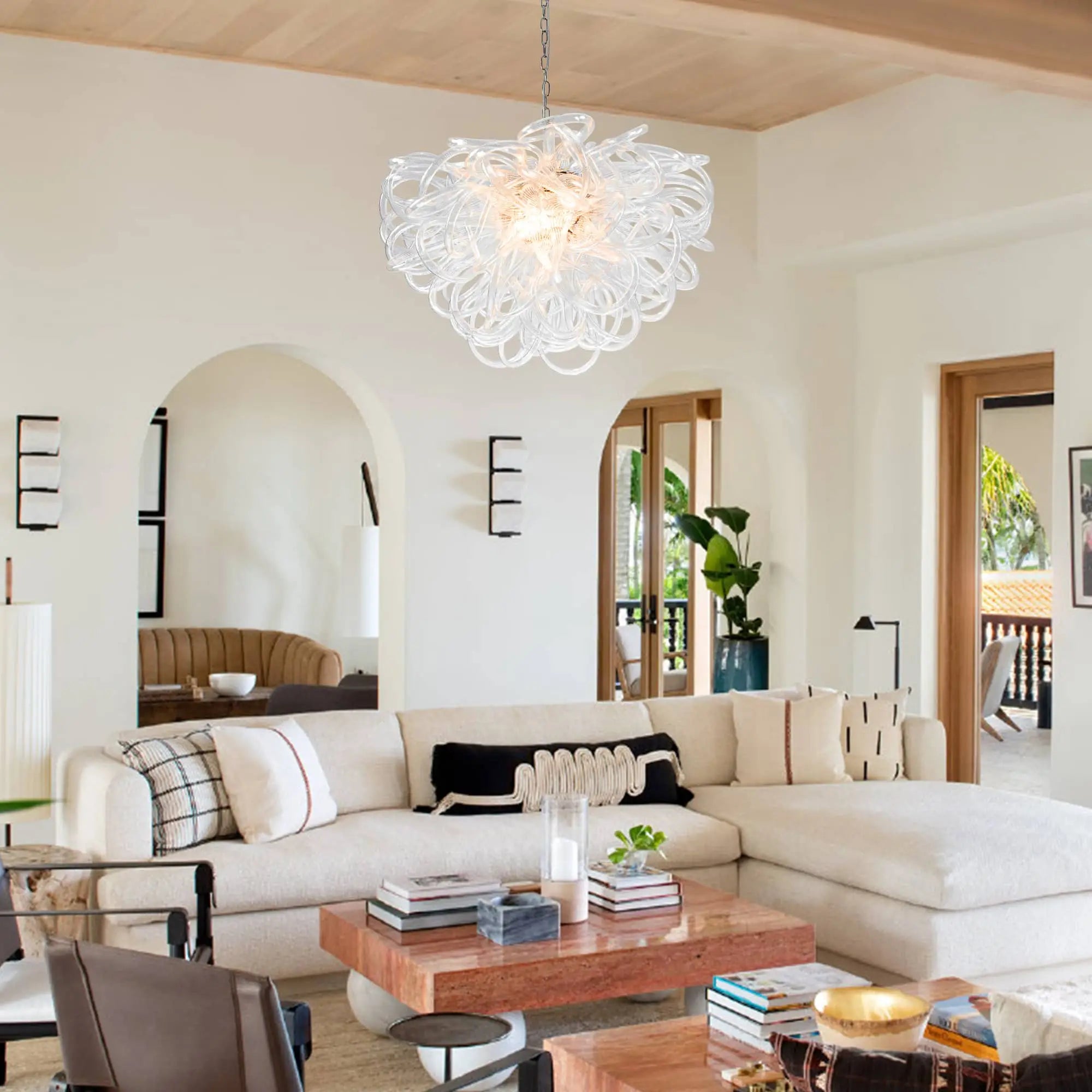 Modern Luxury Clear Blown Glass Lasso Style Chandelier Art Sculptural Pendant Light