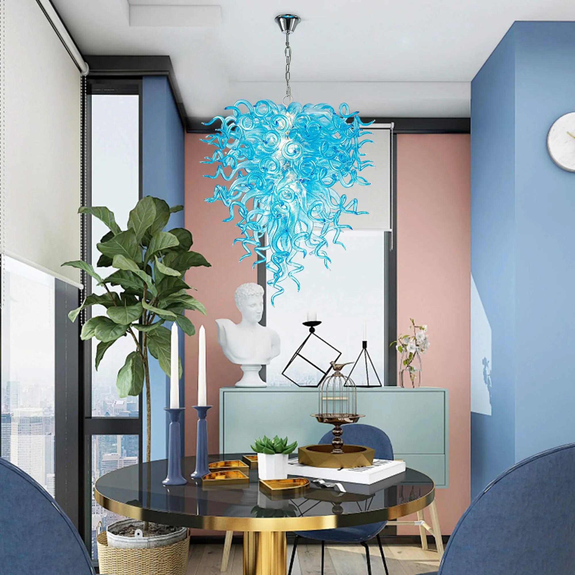 Artisan Light Blue Hand-Blown Glass Art Chandelier Contemporary Sculptural Pendant Light Fixture
