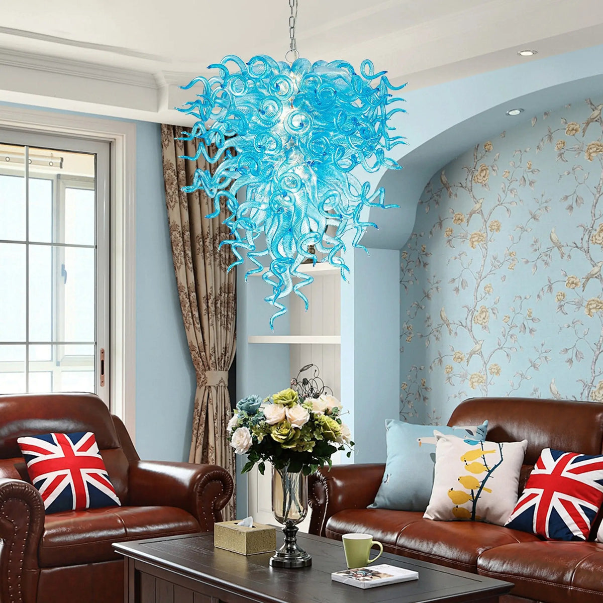Artisan Light Blue Hand-Blown Glass Art Chandelier Contemporary Sculptural Pendant Light Fixture
