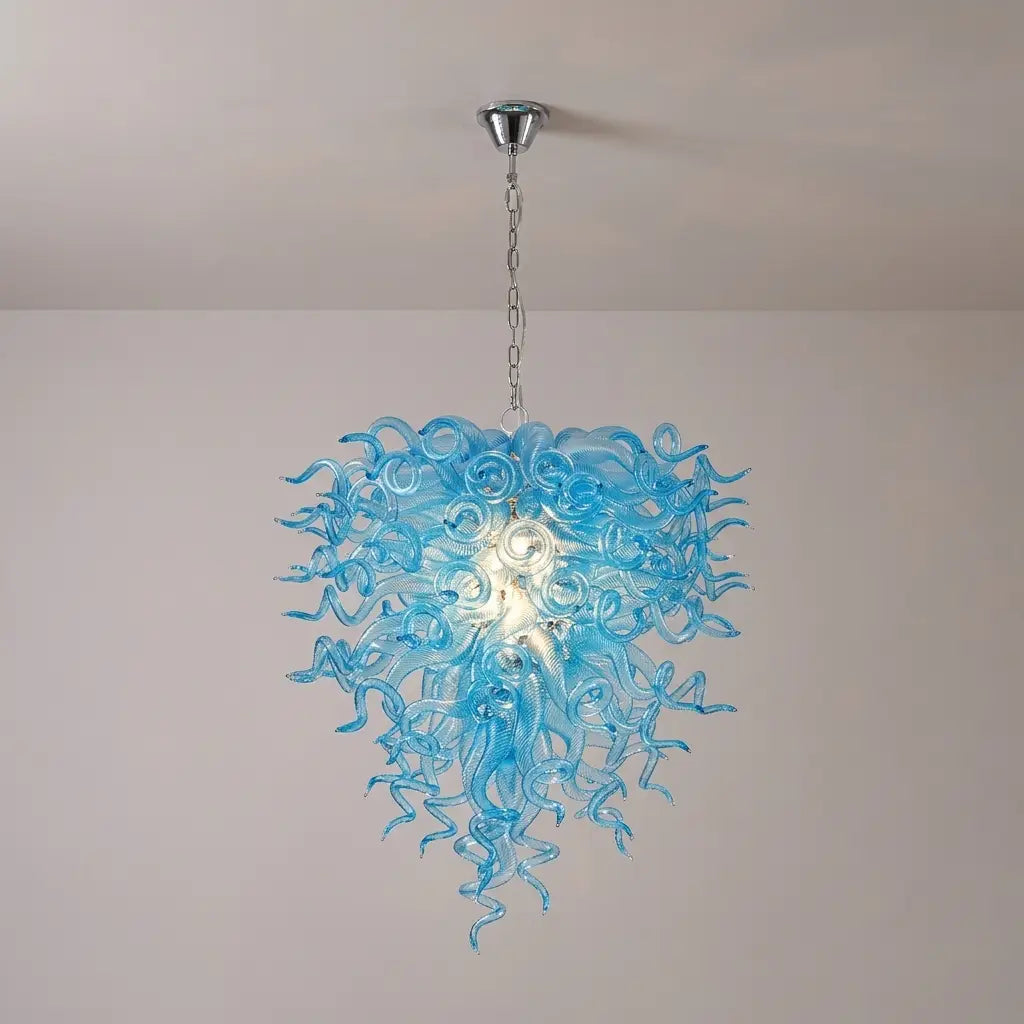 Blue Murano Style Hand-Blown Glass Chandelier Chihuly-Style Pendant Lamp Coastal Cascade Art Lighting