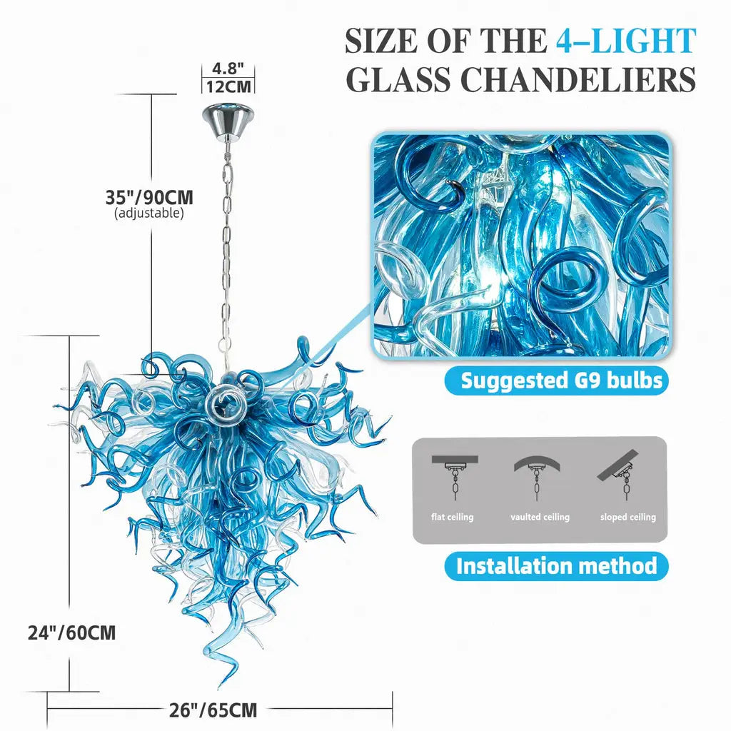 Sapphire Blue and Clear Hand-Blown Glass Art Chandelier Modern Artistic Spiral Sculpture Glass Pendant Light