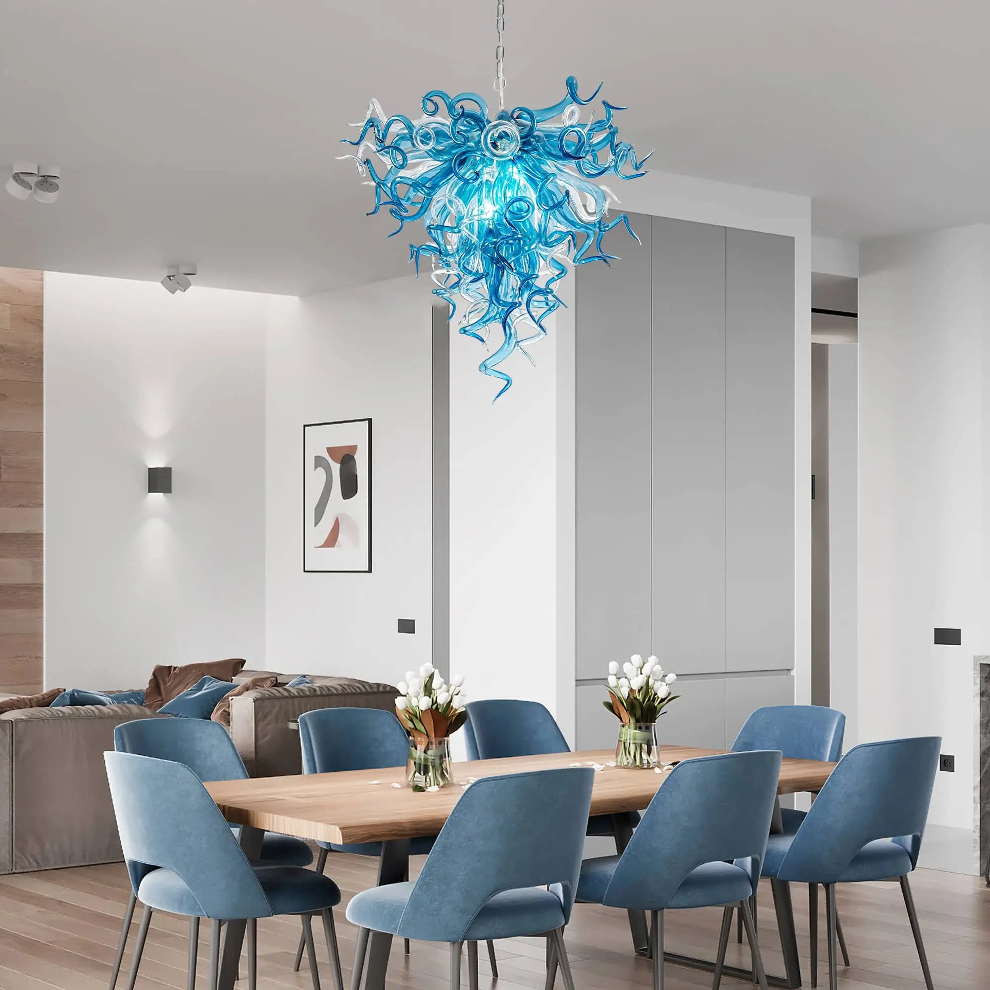 Sapphire Blue and Clear Hand-Blown Glass Art Chandelier Modern Artistic Spiral Sculpture Glass Pendant Light