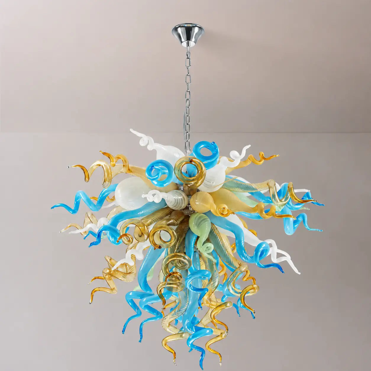 Amber and Blue White Hand-Blown Glass Sculpture Chandelier Artistic Multicolor Spiral Pendant Light