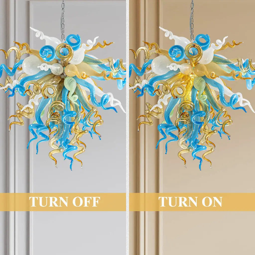 Amber and Blue White Hand-Blown Glass Sculpture Chandelier Artistic Multicolor Spiral Pendant Light