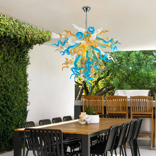 Amber and Blue White Hand-Blown Glass Sculpture Chandelier Artistic Multicolor Spiral Pendant Light