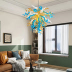 Amber and Blue White Hand-Blown Glass Sculpture Chandelier Artistic Multicolor Spiral Pendant Light