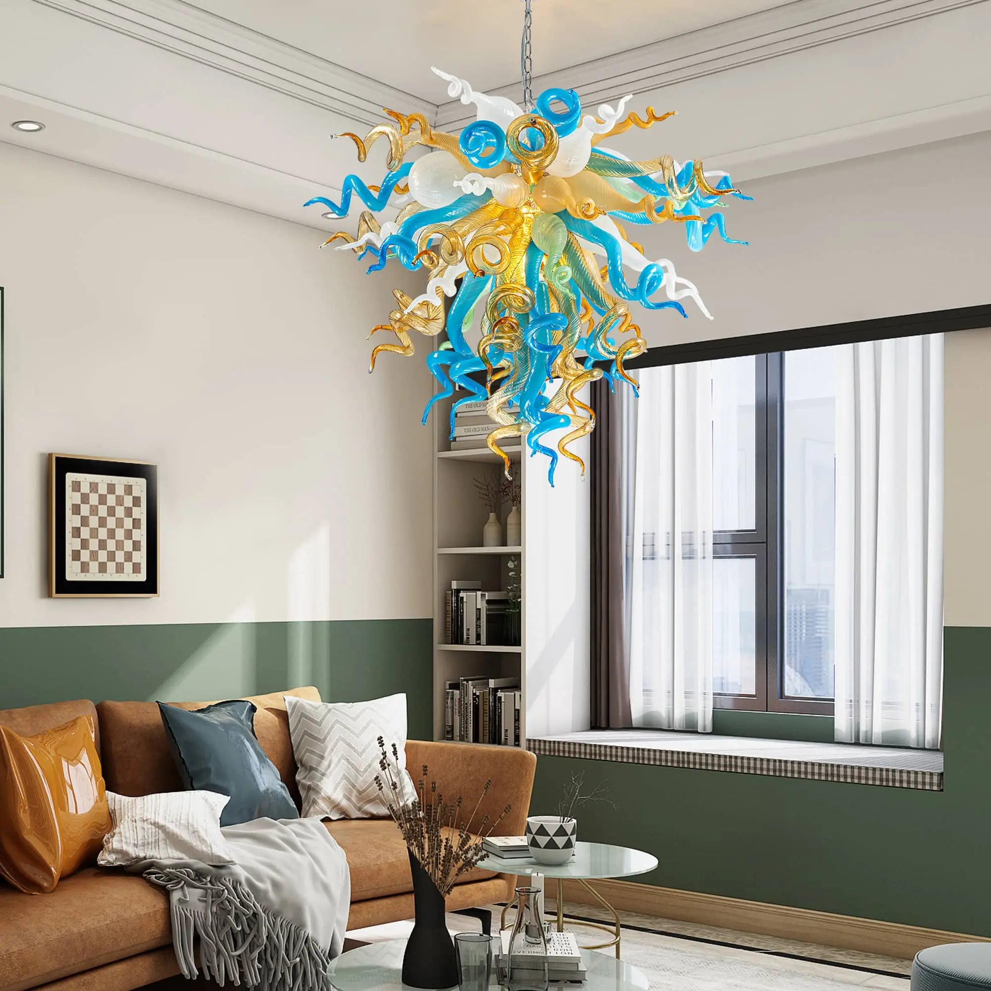 Amber and Blue White Hand-Blown Glass Sculpture Chandelier Artistic Multicolor Spiral Pendant Light