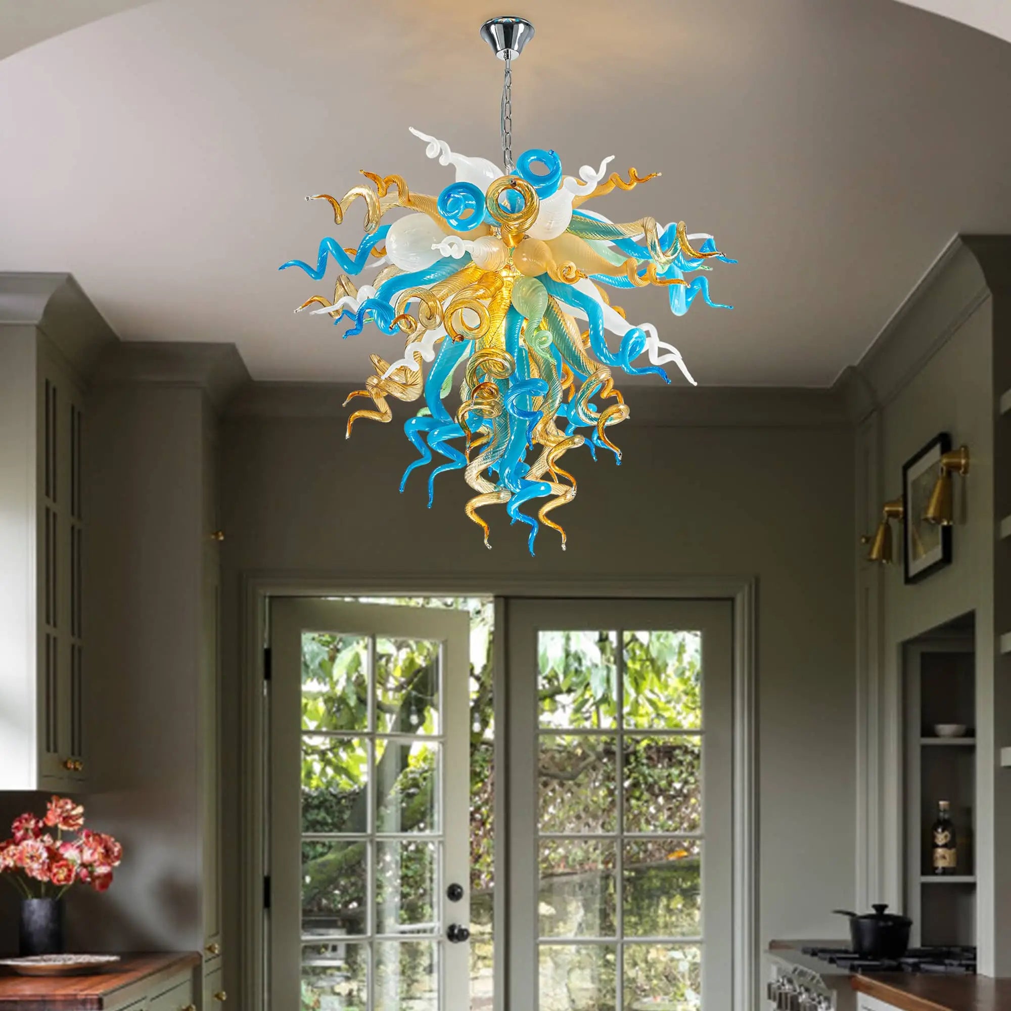 Amber and Blue White Hand-Blown Glass Sculpture Chandelier Artistic Multicolor Spiral Pendant Light