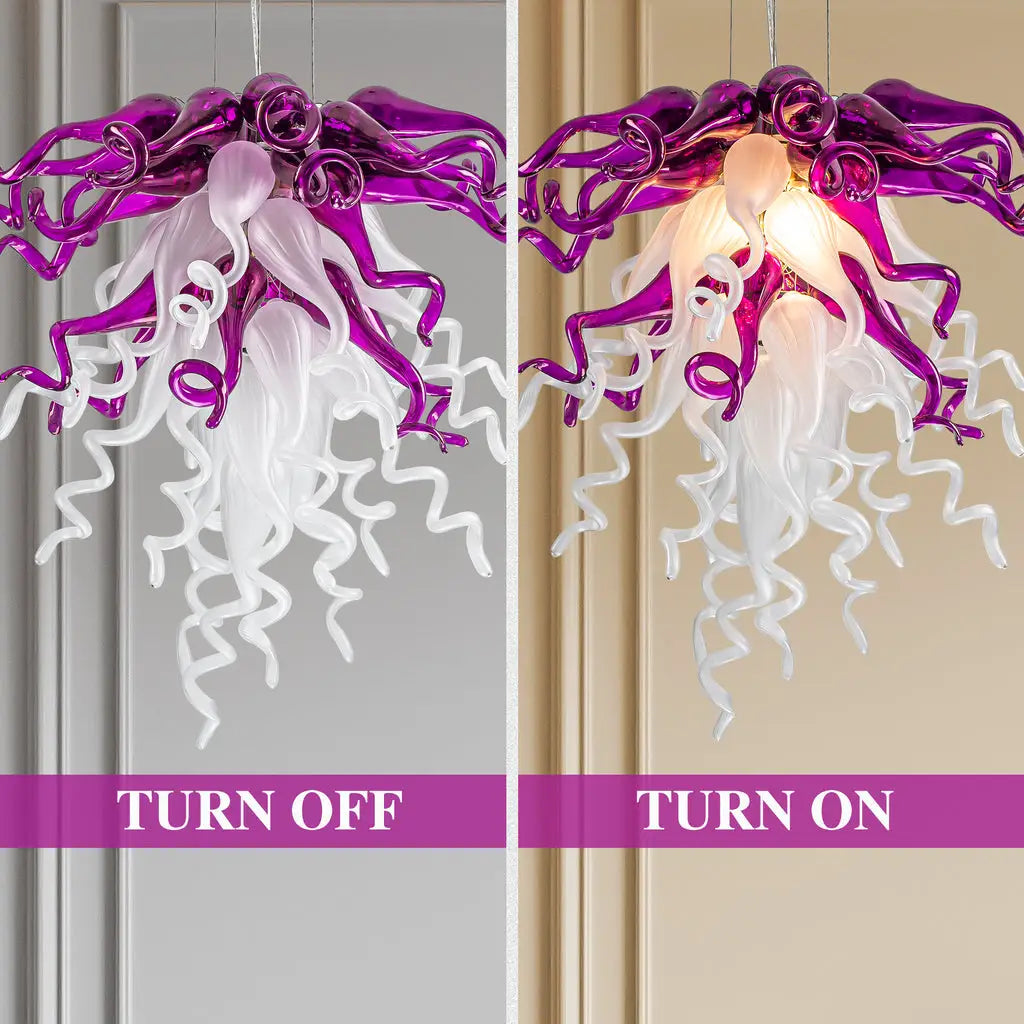Modern Purple and White Hand Blown Glass Art Chandelier Hotels Entryways Organic Glass Installation Pendant Light