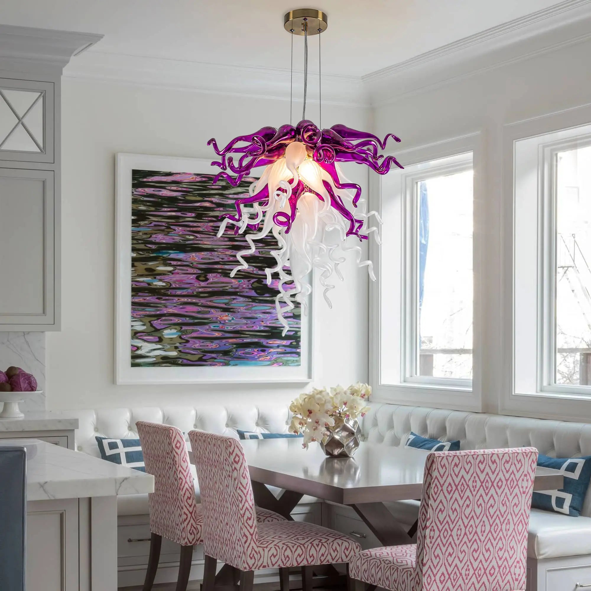 Modern Purple and White Hand Blown Glass Art Chandelier Hotels Entryways Organic Glass Installation Pendant Light