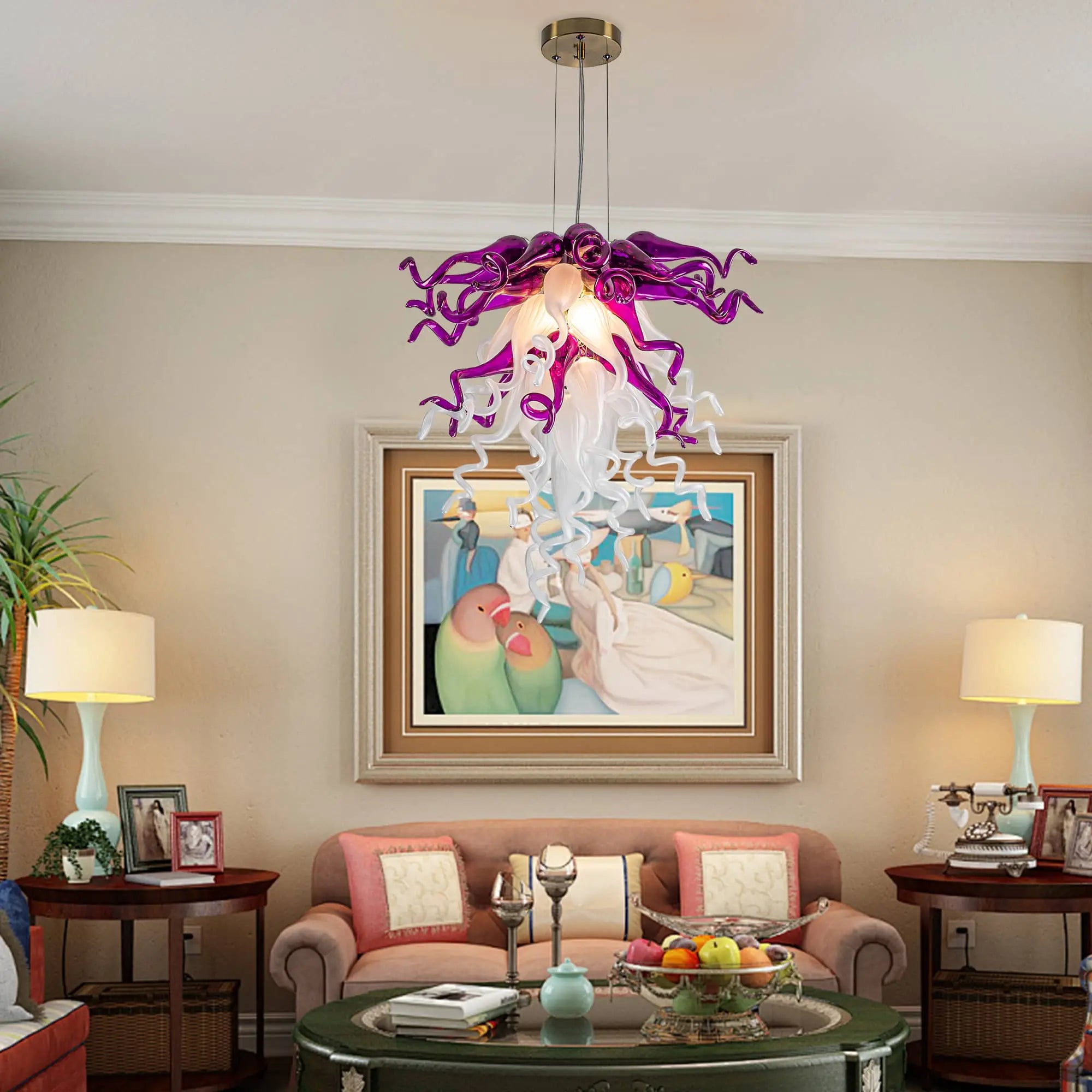 Modern Purple and White Hand Blown Glass Art Chandelier Hotels Entryways Organic Glass Installation Pendant Light