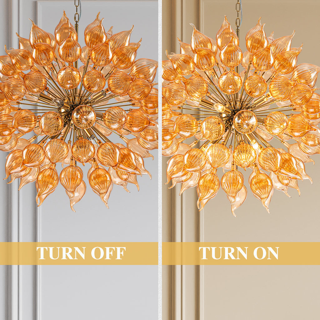 Hand-Blown Orange Dandelion Sputnik Chandelier Starburst Ribbed Glass Art Pendant Light
