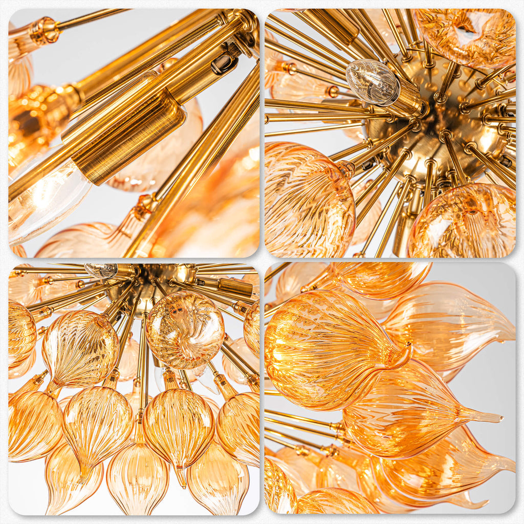 Hand-Blown Orange Dandelion Sputnik Chandelier Starburst Ribbed Glass Art Pendant Light