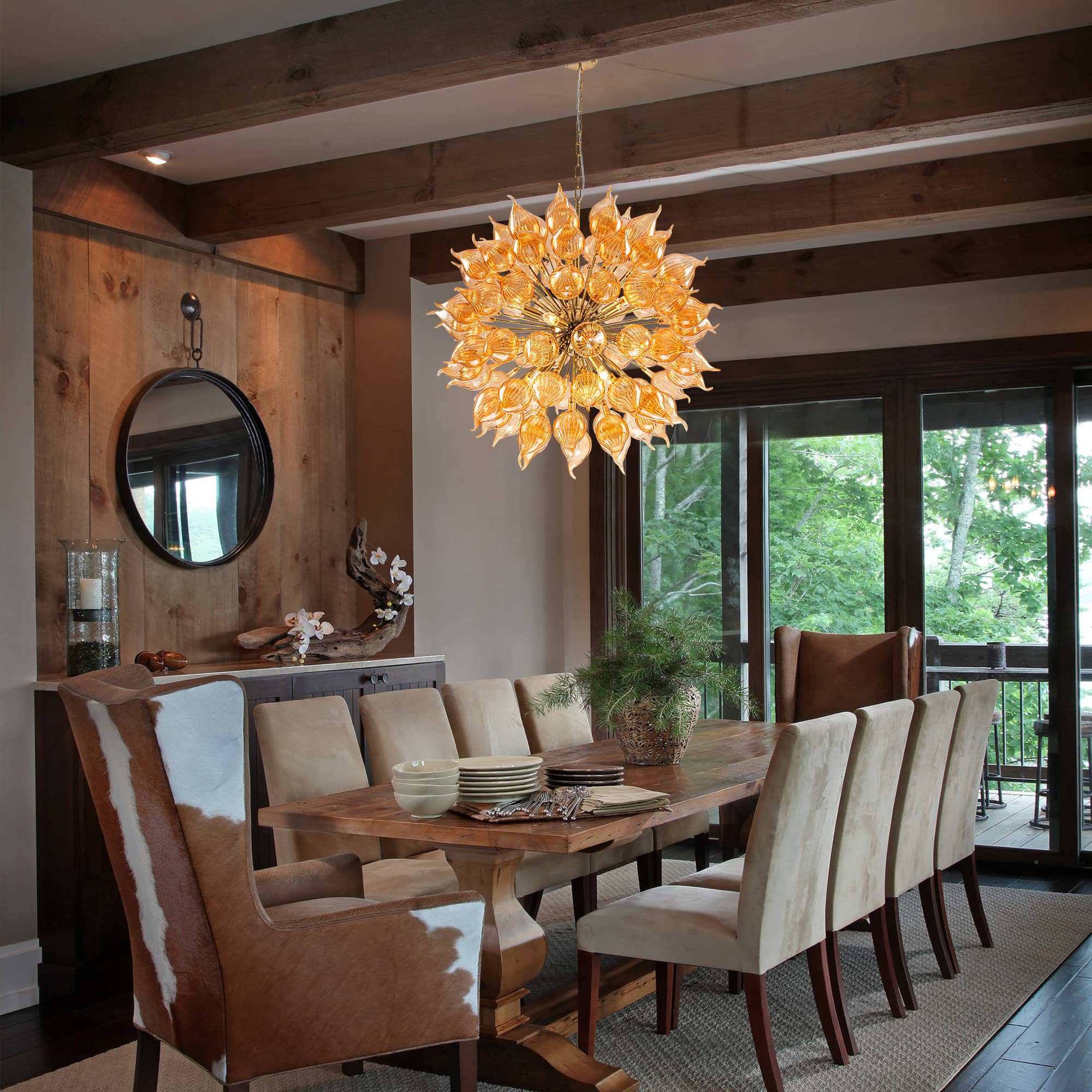 Hand-Blown Orange Dandelion Sputnik Chandelier Starburst Ribbed Glass Art Pendant Light