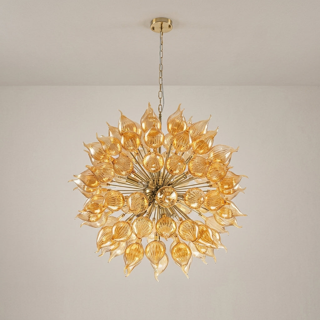 Hand-Blown Orange Dandelion Sputnik Chandelier Starburst Ribbed Glass Art Pendant Light