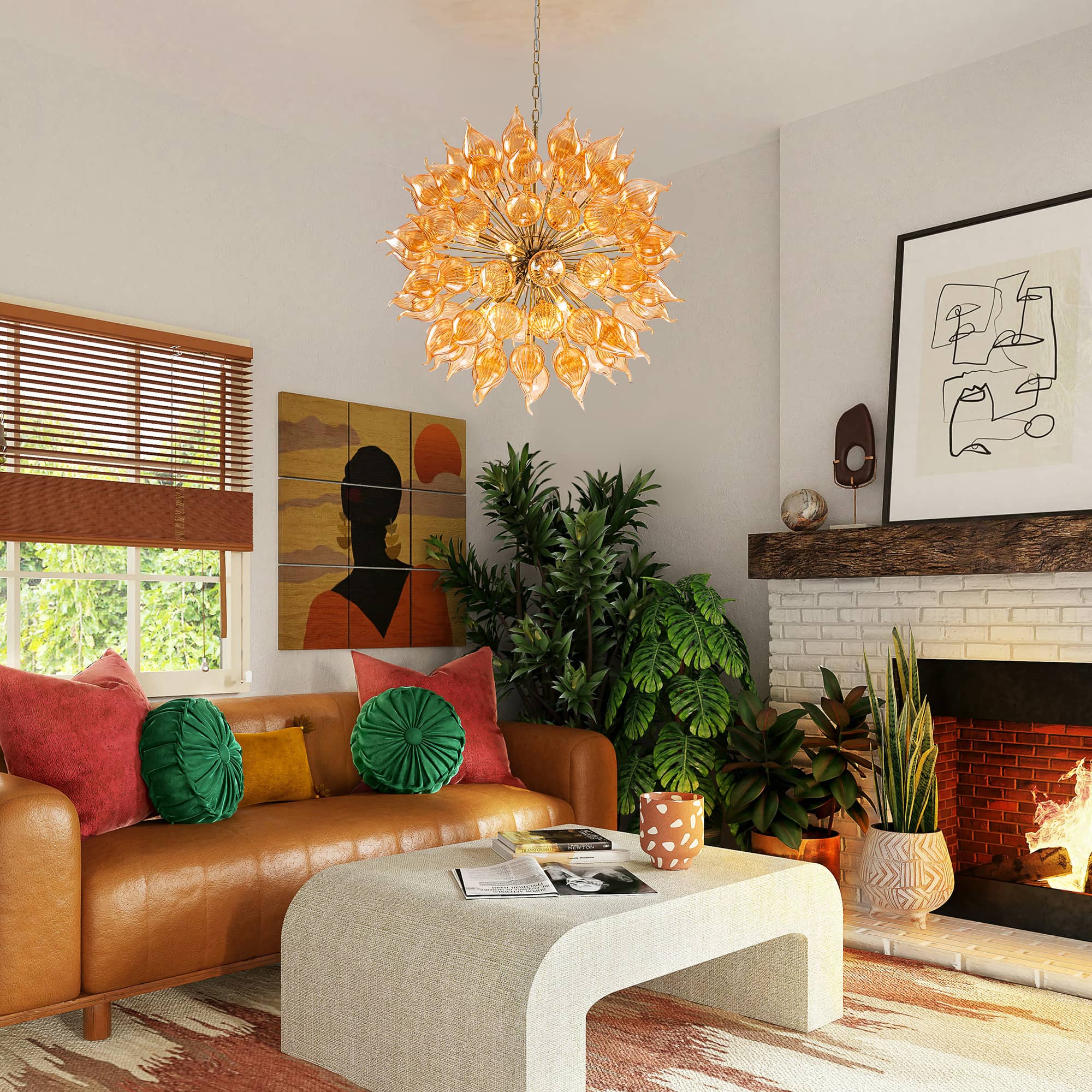 Hand-Blown Orange Dandelion Sputnik Chandelier Starburst Ribbed Glass Art Pendant Light