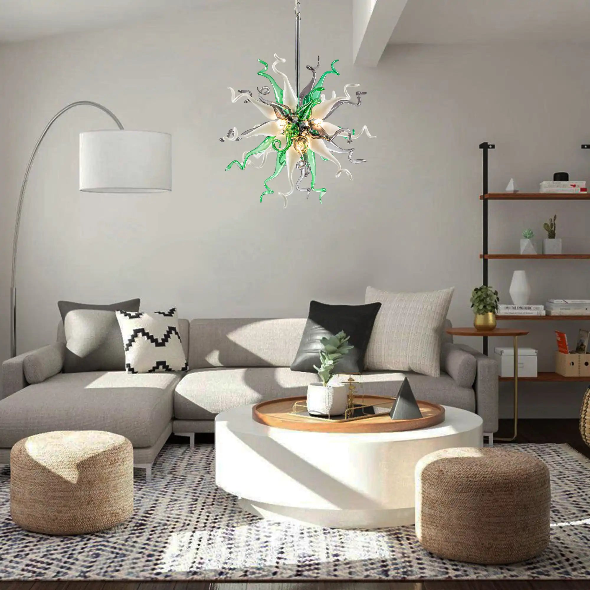 Sputnik Blown Glass Sculpture Chandelier Luxury Art Glass Pendant Light Green & White & Gray Hanging Lamp