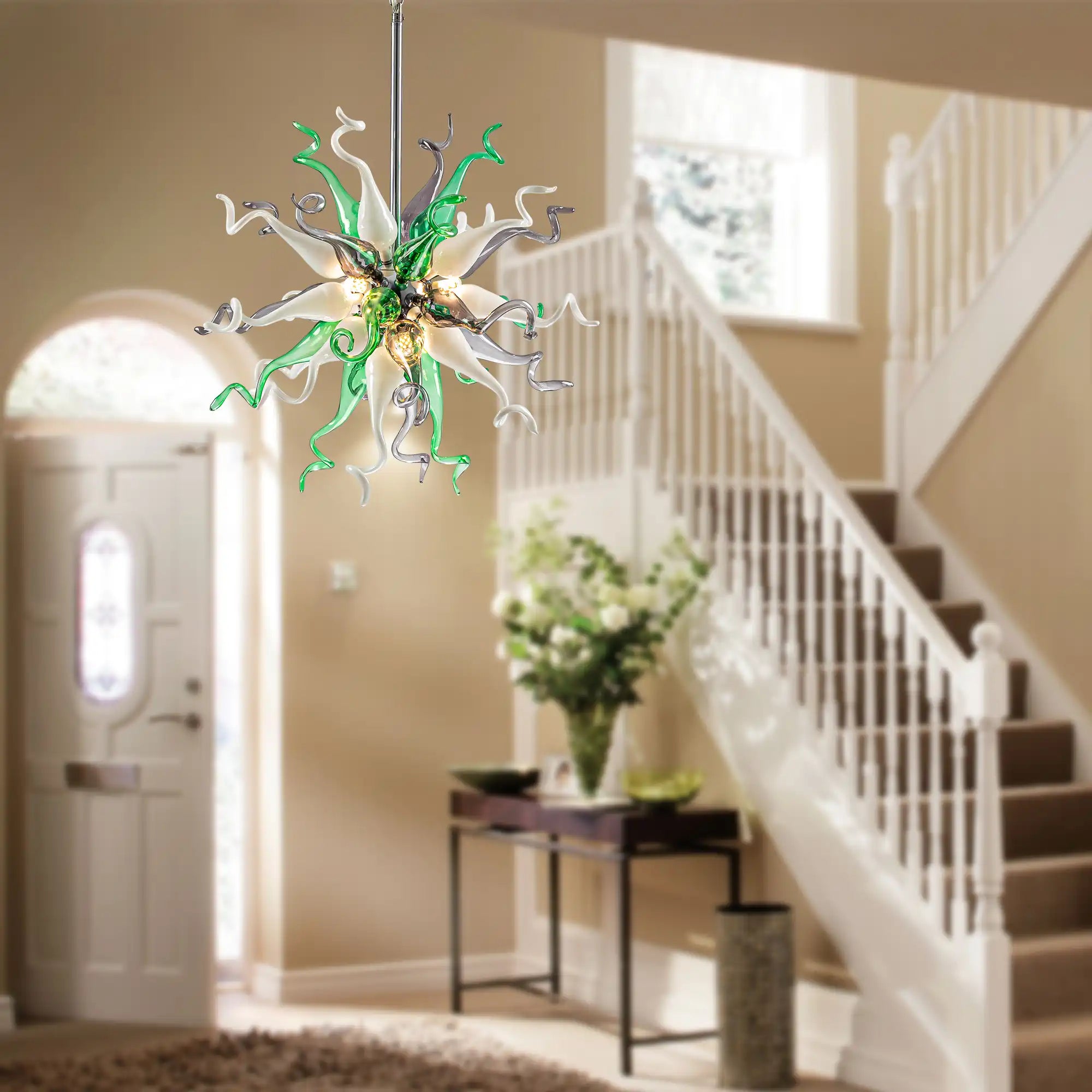 Sputnik Blown Glass Sculpture Chandelier Luxury Art Glass Pendant Light Green & White & Gray Hanging Lamp