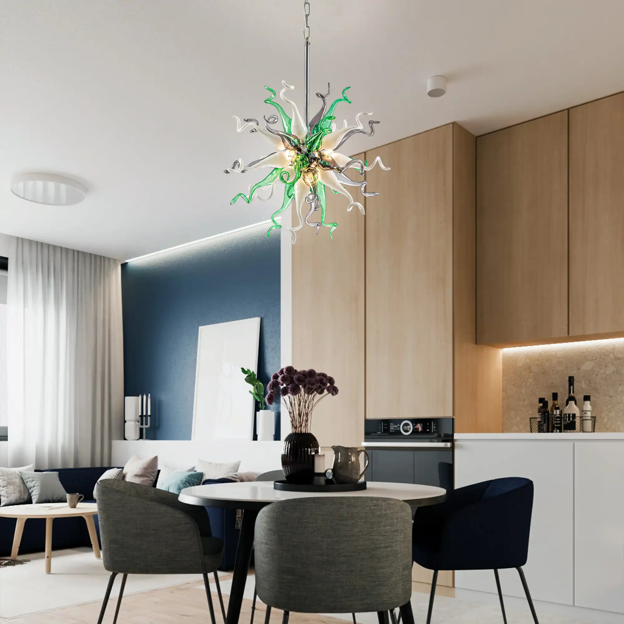 Sputnik Blown Glass Sculpture Chandelier Luxury Art Glass Pendant Light Green & White & Gray Hanging Lamp