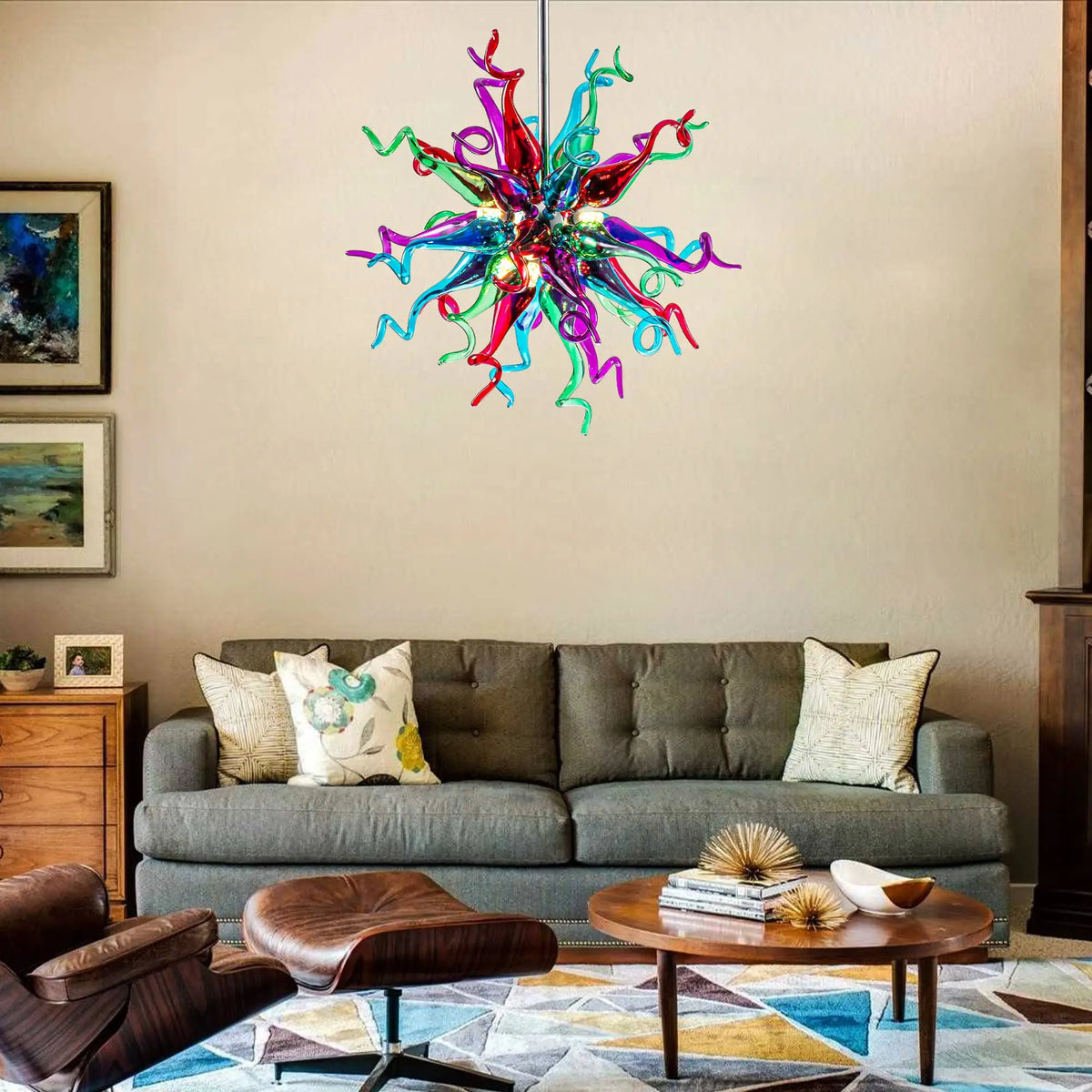 Modern Colored Sputnik Starburst Hand-Blown Glass Chandelier Artistic Radial Design Pendant Light