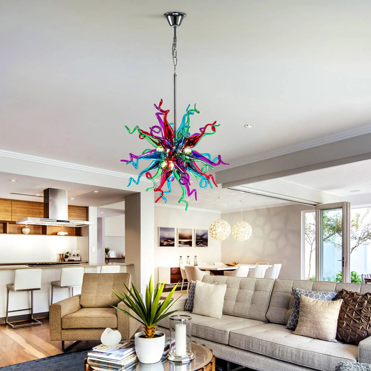Modern Colored Sputnik Starburst Hand-Blown Glass Chandelier Artistic Radial Design Pendant Light